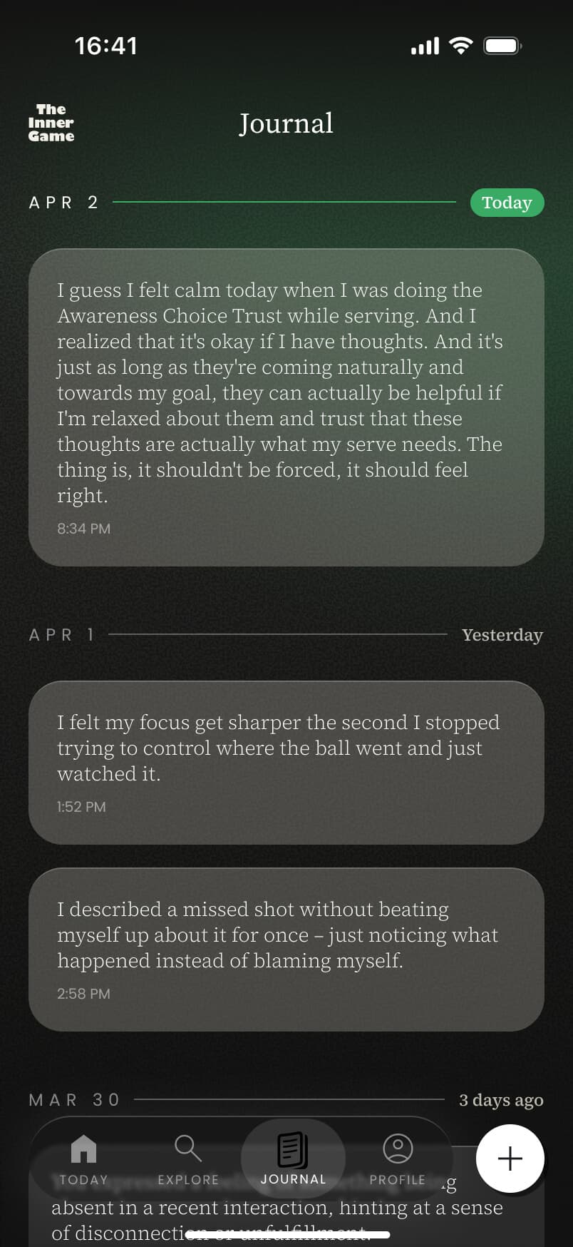The Inner Game app — Journal screen